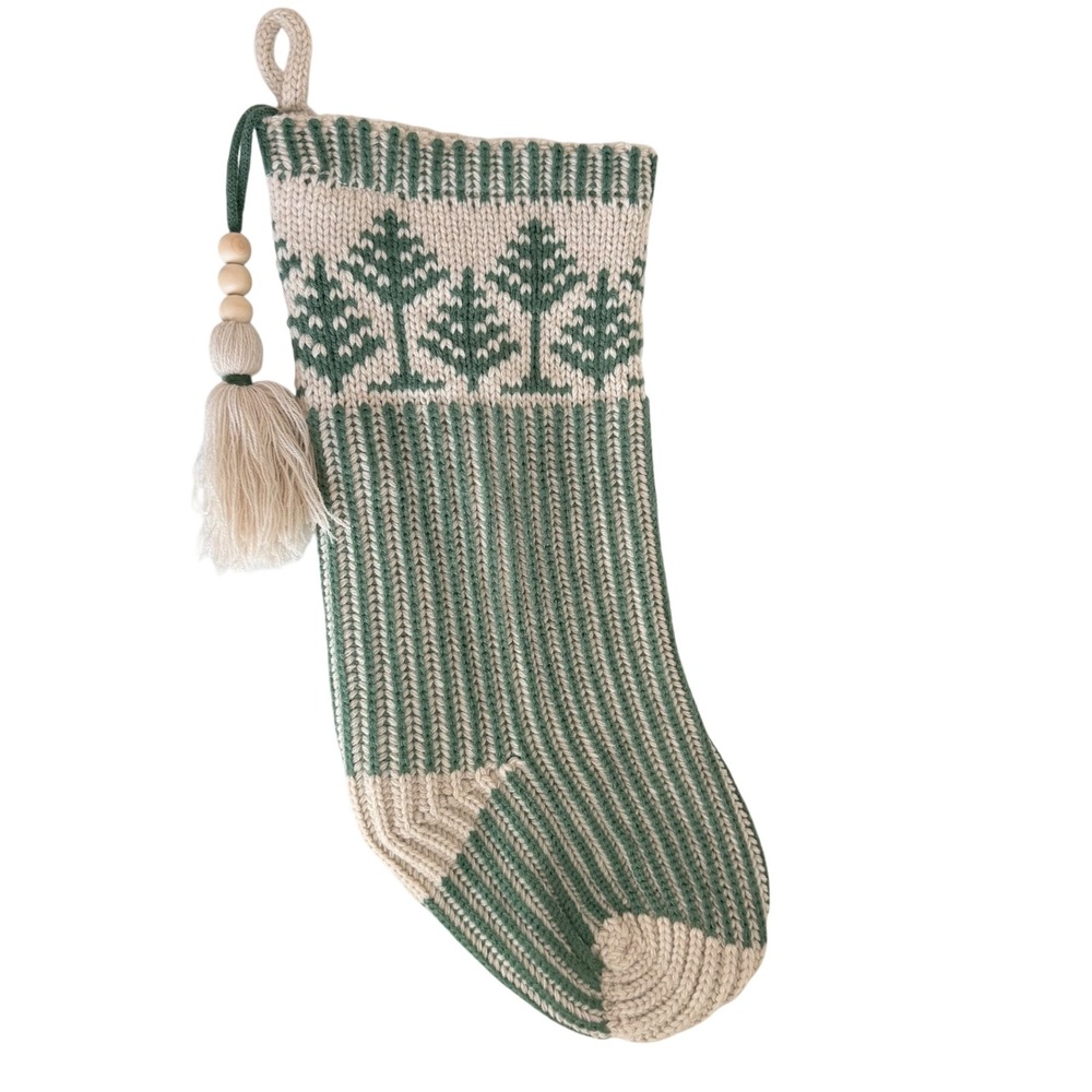 Hearth & Hand Christmas Stocking Large Green Cream Knit Pine Tree Tassel Boho